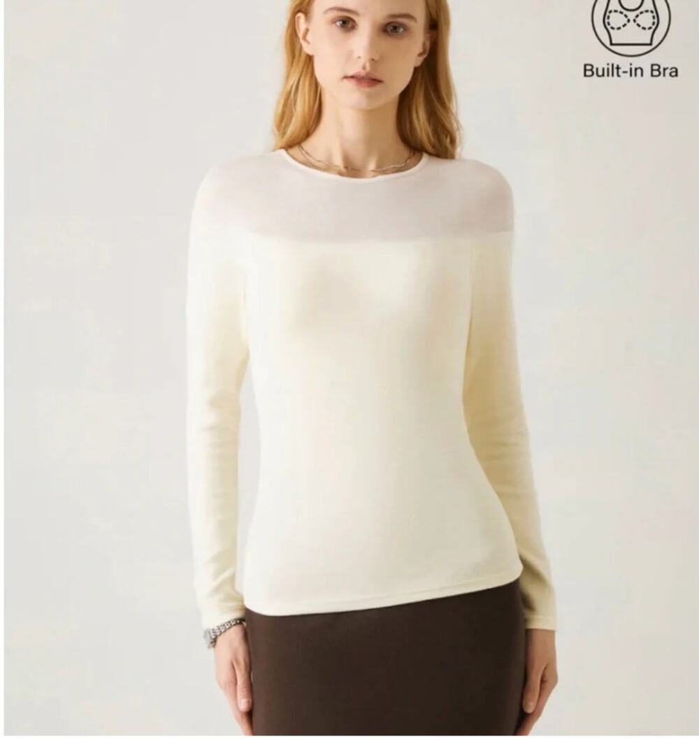 NWT OGL Wool Sheer Shoulder Long Sleeve Brami Built-in Bra Top sz. XS